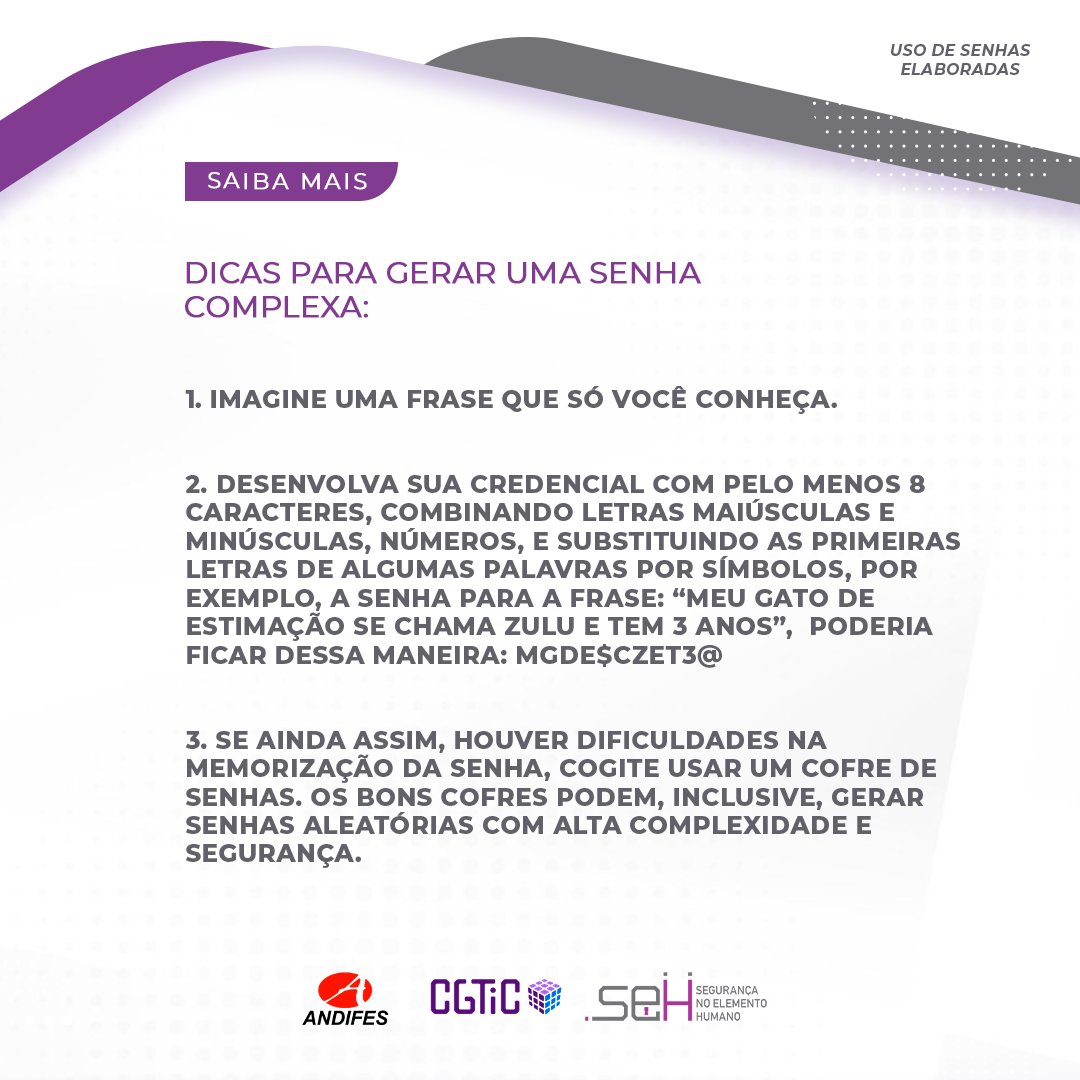 CTIC_UFPA's tweet photo. Fique sempre esperto: senha fraca é risco pra todo mundo. Capricha na tua e colabore com a segurança digital da nossa Universidade!
Dúvidas? Passe no Atendimento ao usuário do CTIC ou no setor de TI da tua unidade!
Vamos juntos fortalecer a proteção dos nossos dados e da UFPA!! https://t.co/Vj7Czx1t7W