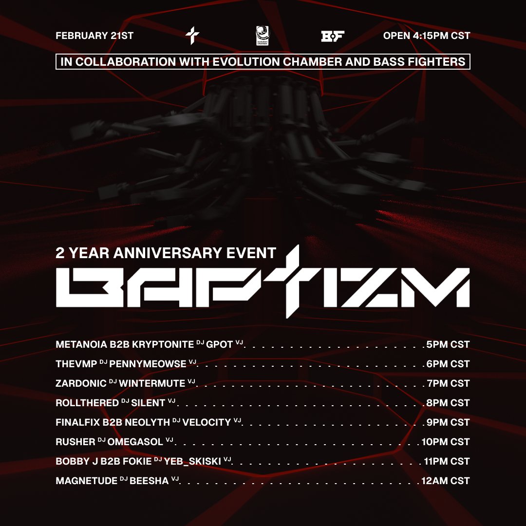 Set times for tonight's show.

All in CST.

Join Bass Fighters and Evolution Chamber here:
discord.gg/WakqfHAYan
discord.gg/phaJjhjcpU

Watch the whole event in game:
vrchat.com/home/group/grp…

Or watch from Twitch:
twitch.tv/baptizmvr

Become Baptized.