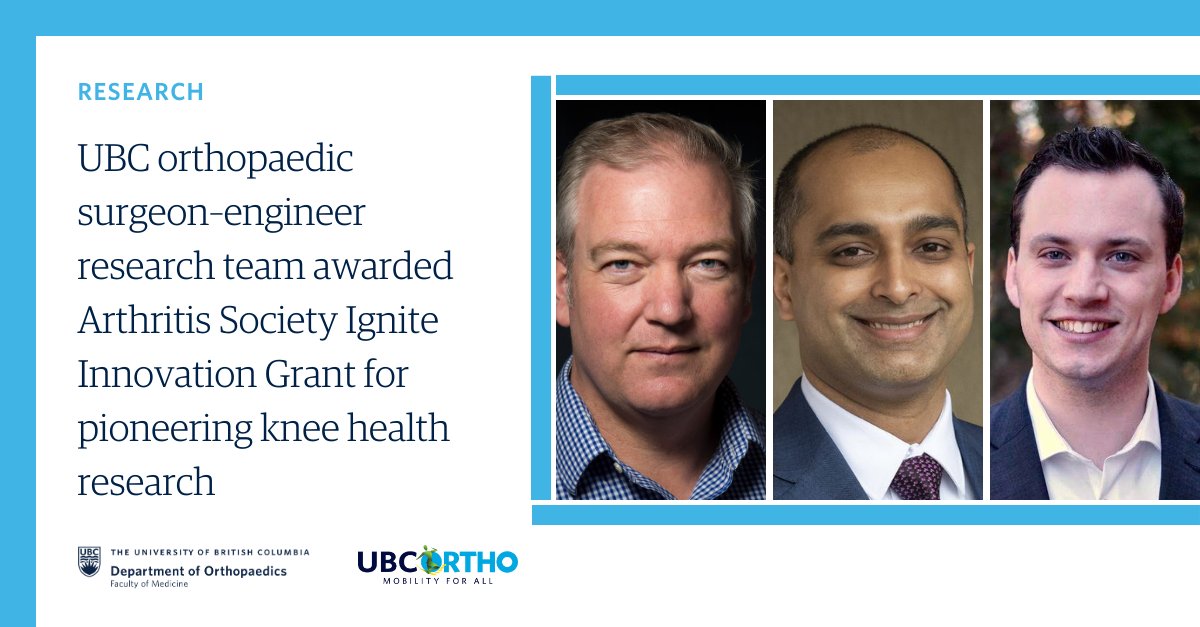 Drs. David Wilson, Parth Lodhia, and Jordan Broberg were awarded an Arthritis Society Canada Ignite Innovation Grant for pioneering MRI scanning research to protect knees from osteoarthritis.

🔗Learn more: bit.ly/3X9KhSk

#UBCOrtho #MobilityForAll #StrongerTogether