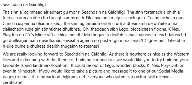 Tha sinn a' coimhead air adhart gu mòr ri Seachdain na Gàidhlig!  

We are really looking forward to Seachdain na Gàidhlig!