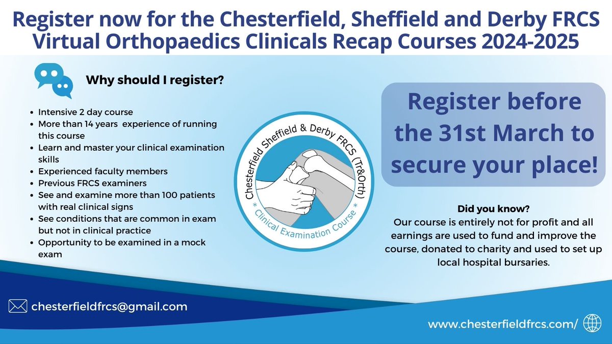 Registration for the Chesterfield, Sheffield and Derby FRCS Virtual Orthopaedics Clinicals Recap Course 2024-2025 is now open! Register before the 31st March to secure your place!

Register here:
emdevents.eventsair.com/csd-voc-recap-…

#virtual #orthopaedics #virtualcourse #FRCS #recapcourse