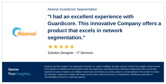laradelpin's tweet photo. Solution Designer in the IT Services Industry gives @Akamai Guardicore Segmentation 5/5 Rating in @Gartner_inc Peer Insights™ Microsegmentation Market. Read the full review here: #gartnerpeerinsights https://t.co/5Jt8vRlh48 https://t.co/p2IuX7LzAx