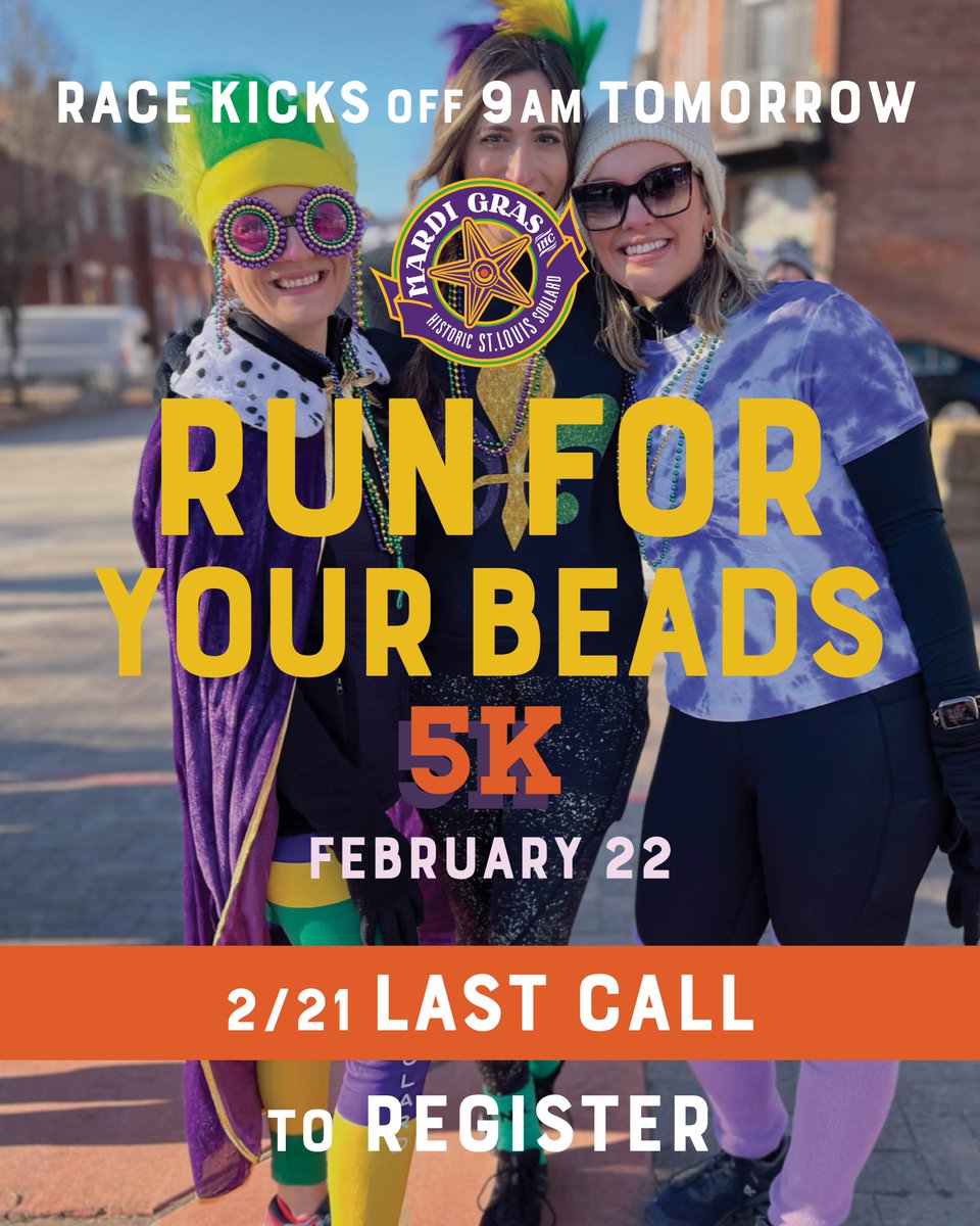 Soulard Mardi Gras (@stlmardigras) on Twitter photo The #RunforyourBeads5K is TOMORROW at 9 AM! You’ll run right past the famous <a href="/HomeOfBud/">Budweiser Brewery Experience</a> Clydesdales 🐴 and rehydrate with a hurricane 🍹
It's the most fun you’ll ever have doing cardio.
Register here: stlmardigras.org/events/5k-run-… & get your packet at the starting line! The #RunforyourBeads5K is TOMORROW at 9 AM! You’ll run right past the famous <a href="/HomeOfBud/">Budweiser Brewery Experience</a> Clydesdales 🐴 and rehydrate with a hurricane 🍹
It's the most fun you’ll ever have doing cardio.
Register here: stlmardigras.org/events/5k-run-… & get your packet at the starting line!