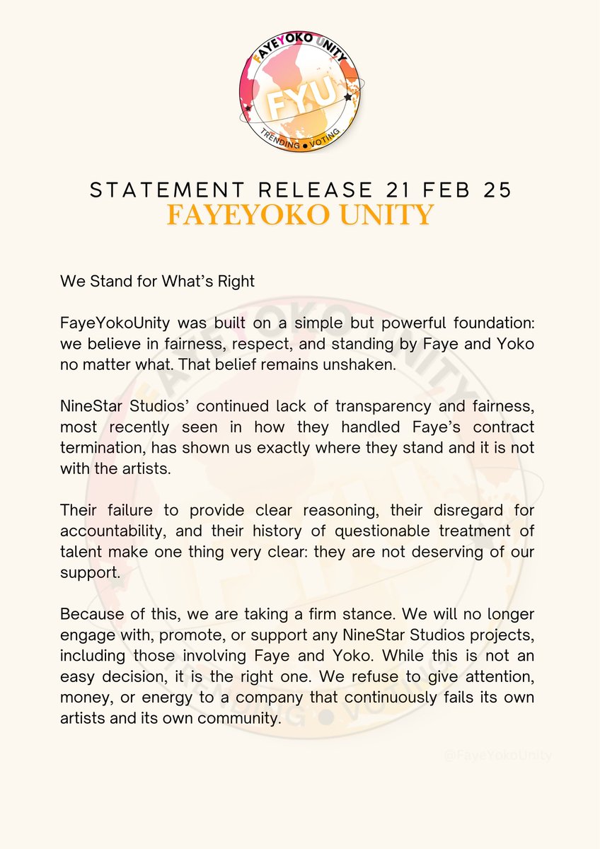 FayeYokoUnity's tweet photo. FYU stands for fairness, respect, and the artists we love. Our latest statement makes it clear: we will no longer support or engage with NineStar Studios. Read the full statement below. 

#FayeYoko #ฝ้ายโยโกะ 
#FayePeraya #YokoApasra https://t.co/eieMtkSM3b