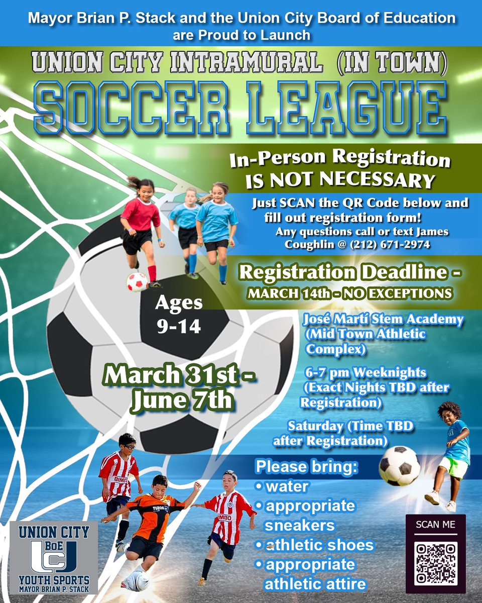 Lucio Fernandez (@luciopfernandez) on Twitter photo Registrations are now open for the Union City Intramural Soccer League (Previously Union City Recreation). To register just scan the QR Code on the flyer. For more information, please contact James Coughlin at 212-671-2974 <a href="/schools_uc/">Union City Schools</a> <a href="/OfficialUCNJ/">Union City, NJ</a> Registrations are now open for the Union City Intramural Soccer League (Previously Union City Recreation). To register just scan the QR Code on the flyer. For more information, please contact James Coughlin at 212-671-2974 <a href="/schools_uc/">Union City Schools</a> <a href="/OfficialUCNJ/">Union City, NJ</a>