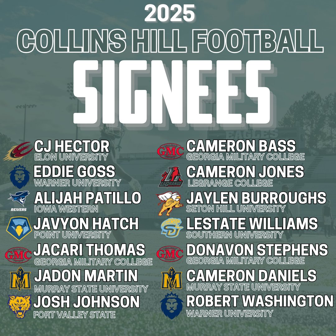 Here are your 2025 Collins Hill Football Scholarship Signees! Congrats guys. 

#FORTHEHILL 🦅