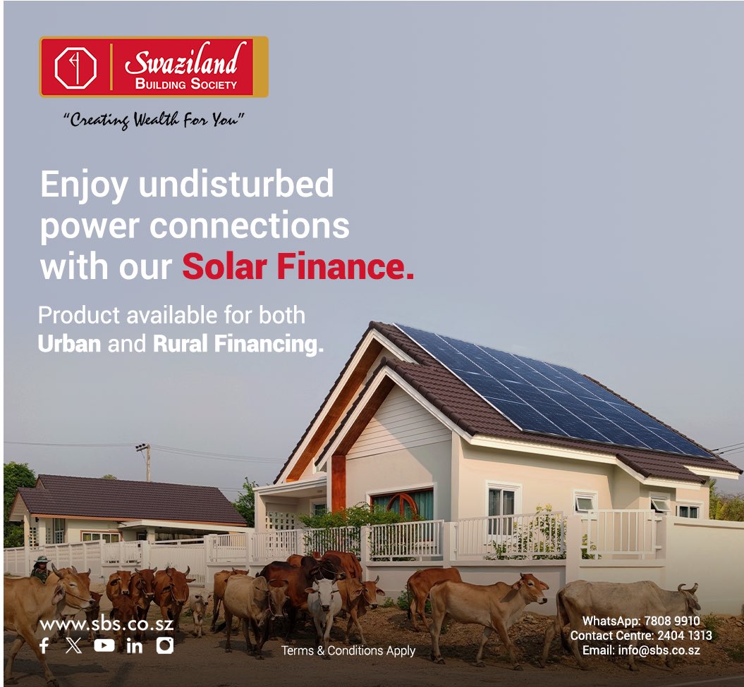 SBSswaziland's tweet image. Home is where the heart is; city 🏙️ or countryside 🌿, we’ve got you covered!

Power your home sustainably with our Solar Loans ☀️💡. Ready to make the switch? Call 2405 6119 / 6140 or visit us for details, Ts &amp;amp; Cs apply.

#CreatingWealthForYou #SwazilandBuildingSociety