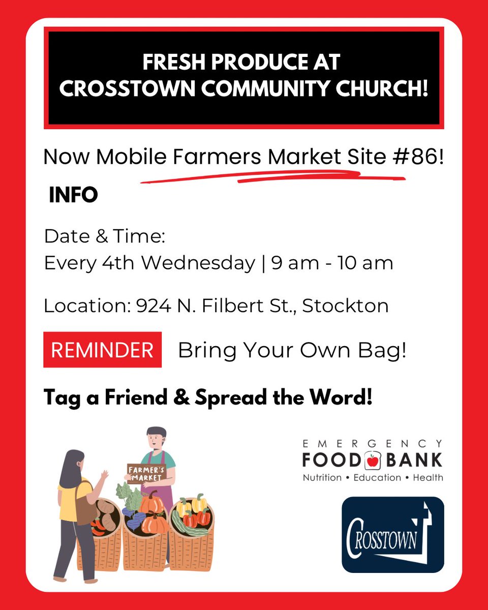 EFBFS's tweet image. 🚨 Fresh Produce Alert! 🚨 Crosstown Community Church is now Mobile Farmers Market Site #86! 🍎🥕
📍 924 N. Filbert St., Stockton
📅 Every 4th Wednesday | ⏰ 9-10 AM
🛍️ Bring your own bag!
Tag a friend &amp;amp; help spread the word! #StocktonMFM #FreshForAll