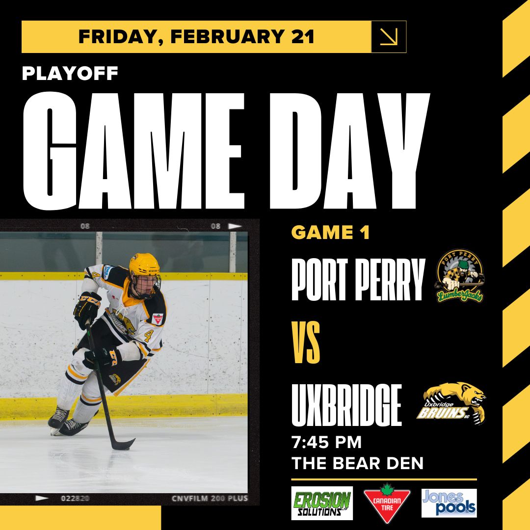 The Bruins start on the road to the Clarence Schmalz Cup tonight at 7:45 p.m. at the Bear Den.
We host Game 1 of our best-of-seven Orr Division quarterfinal Battle of North Durham vs Port Perry.