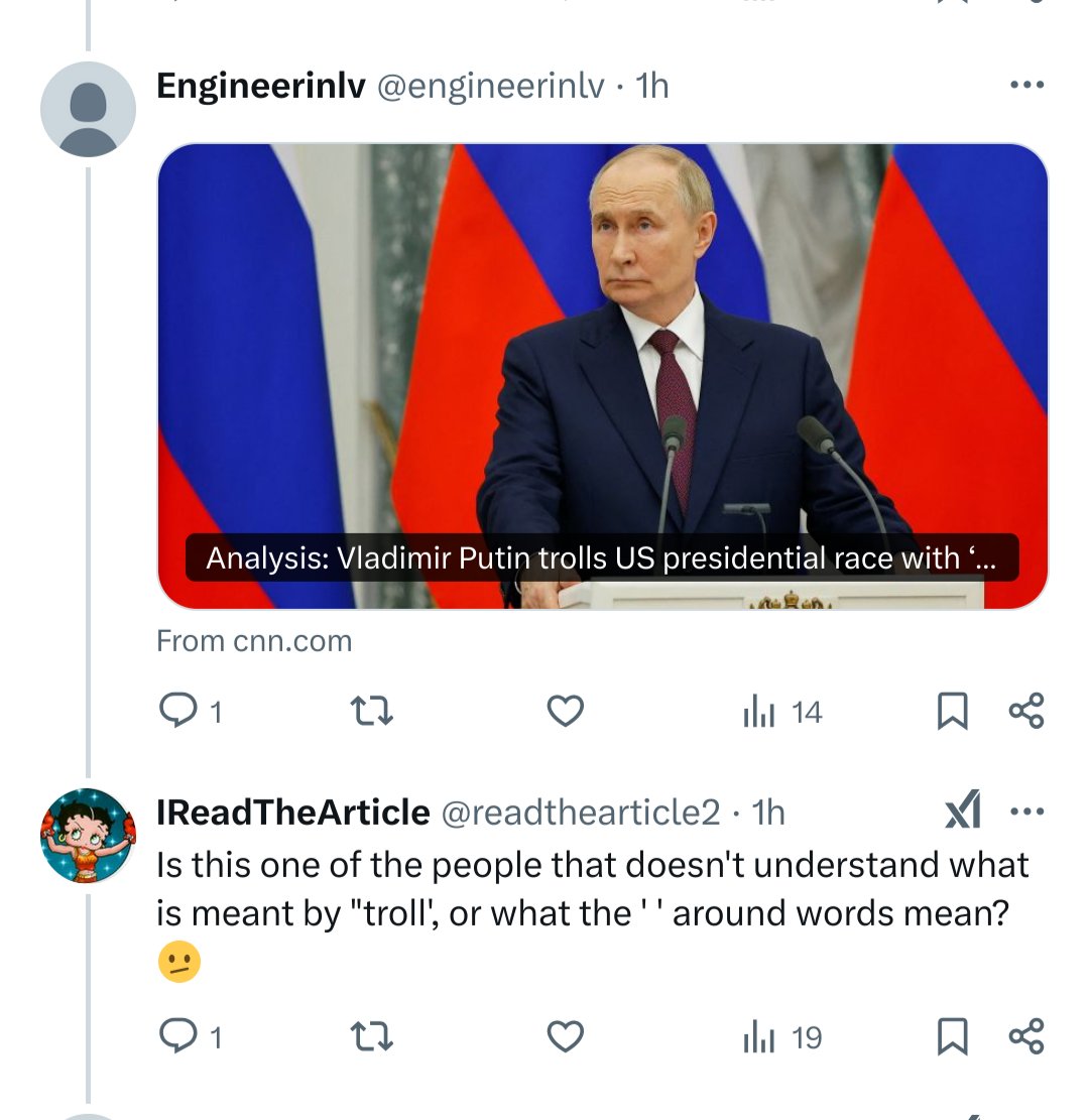 IReadTheArticle (@readthearticle2) on Twitter photo <a href="/engineerinlv/">Engineerinlv</a> @AlliGee13 <a href="/TheRickWilson/">Rick Wilson</a> <a href="/realDonaldTrump/">Donald J. Trump</a> Everyone hates trolls. Read the article you posted <a href="/engineerinlv/">Engineerinlv</a> @AlliGee13 <a href="/TheRickWilson/">Rick Wilson</a> <a href="/realDonaldTrump/">Donald J. Trump</a> Everyone hates trolls. Read the article you posted