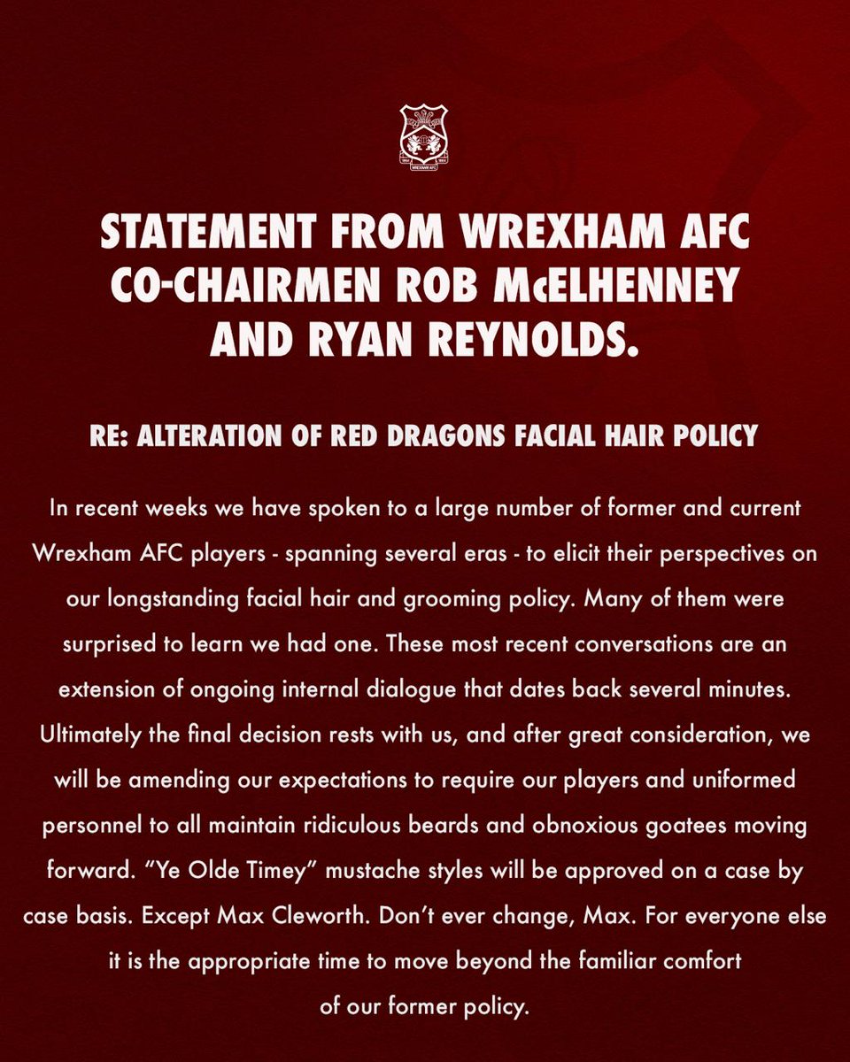 Wrexham AFC (@wrexham_afc) on Twitter photo <a href="/Yankees/">New York Yankees</a> Statement from Wrexham AFC Co-Chairmen on the alteration of Red Dragons facial hair policy: <a href="/Yankees/">New York Yankees</a> Statement from Wrexham AFC Co-Chairmen on the alteration of Red Dragons facial hair policy: