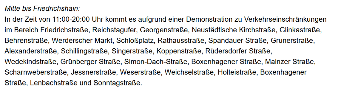 VIZ_Berlin's tweet image. In der Zeit von 11:00-20:00 Uhr zieht eine #Demonstration von der Friedrichstraße in #Mitte zur Sonntagstraße in #Friedrichshain.⬇️