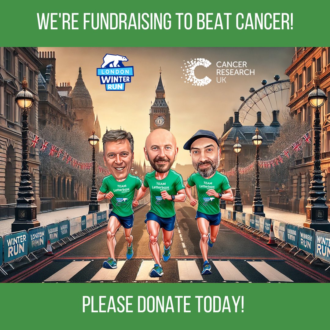 Good luck to Team Letterbox on Sunday! Ray, Dino and Astrit will be taking part in the London Winter Run for Cancer Research UK (CRUK).

Any last-minute contributions would be hugely appreciated. 

Donate here - winterrun.co.uk/fundraisers/te…

#WinterRun #TeamLetterbox #Delivering