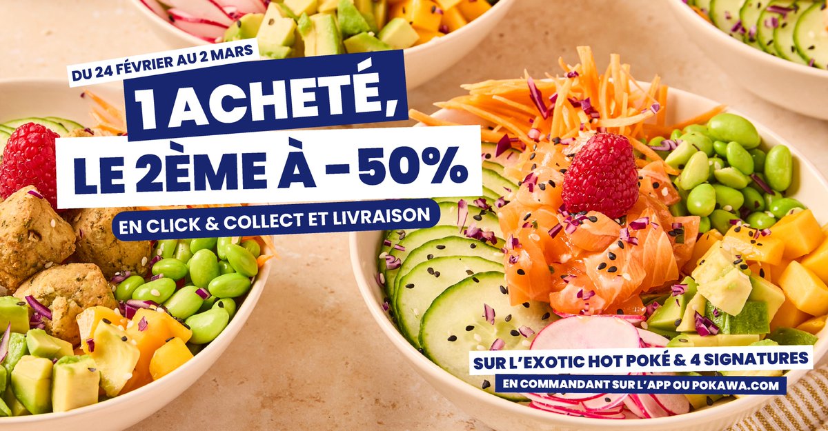 En cette fin de mois, on te fait vriller 🥰

Envie de fraîcheur et de saveurs exotiques ? 🍣🥑 Ne rate pas notre offre exclusive : 1 poké acheté = le 2ᵉ à -50% !
Que tu sois team saumon, thon ou veggie, c’est le moment parfait pour te régaler en solo ou en duo ! 😋

Offre