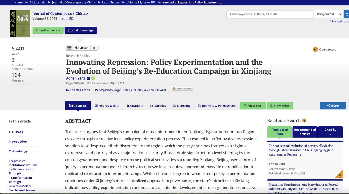 Pleased to see my latest work on the evolution of Xinjiang's mass re-education published in the Journal of Contemporary China. 

It draws on new internal state files &amp; and a key new witness to assess the evolution of the mass internments between 2013-2018.
 
Link is below.