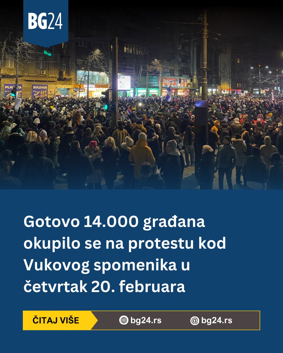 BG24rs's tweet photo. Blizu 14.000 građana okupilo se sinoć kod Vukovog spomenika na protestu koji su organizovali žitelji šest beogradskih opština, saopštio je @javniskupovi 

#protest #blokade #studenti #kodvuka #beograd https://t.co/bdbE7H0aR6