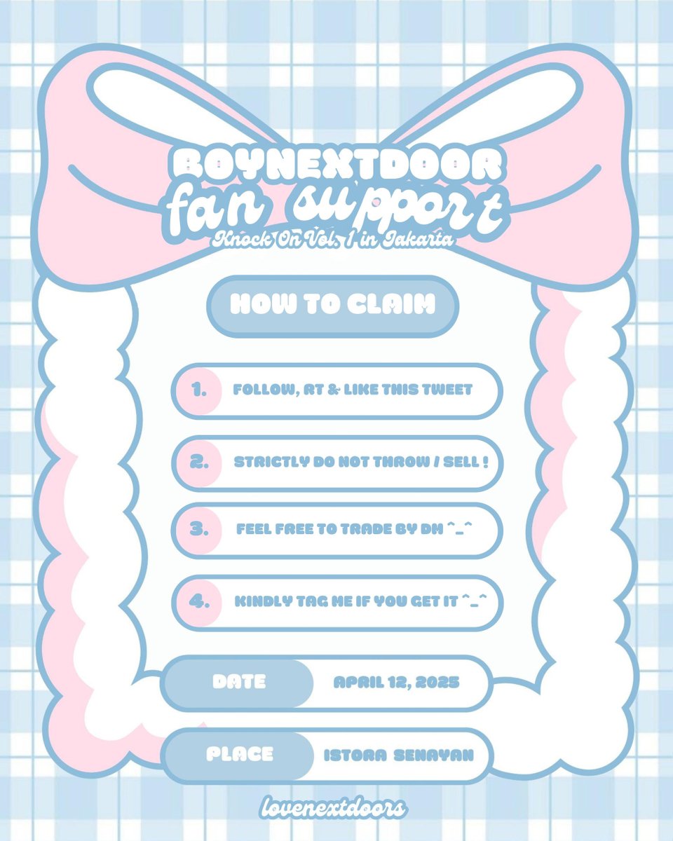 𓏲 ๋࣭  ࣪ ˖ BOYNEXTDOOR Knock On Vol. 1 in Jakarta Freebies 𓍢˚꩜.｡ .ᐟ

by <a href="/lovenextdoors/">cyn</a>

rt &amp; like this post are very appreciated ᥫ᭡
     
📆 12 April '25
🏠 Istora Senayan
🕰️ will be announced under this tweet 

selective trade available by dm🙇🏻‍♀️

#KNOCK_ON_Vol_1_In_Jakarta