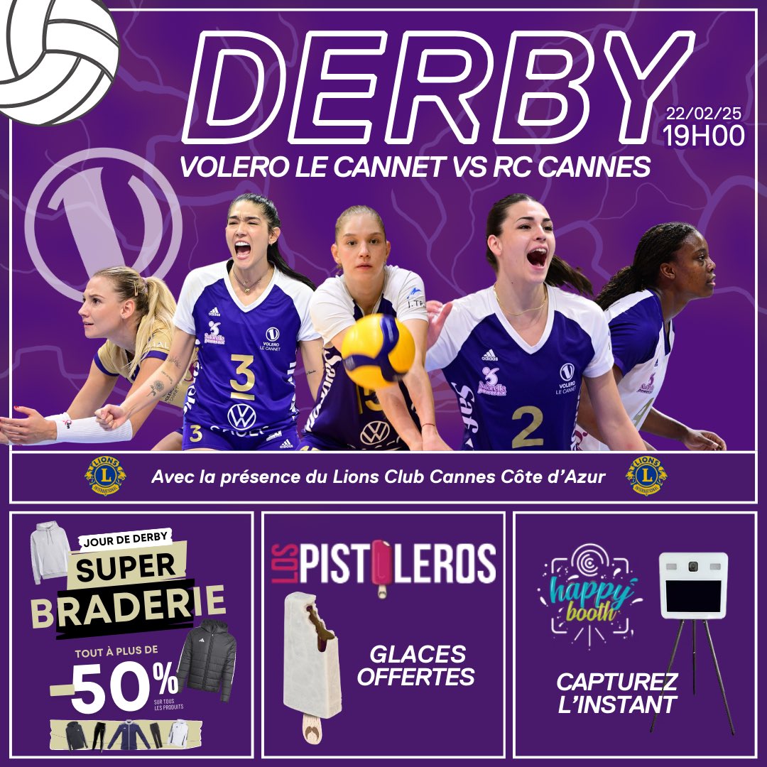 🔥 J-1 AVANT LE DERBY AZURÉEN !

Demain, le Volero Le Cannet affronte le RC Cannes ! 🏐💜

💜 AU PROGRAMME :
🍦 Des glaces Los Pistoleros !
🛍️ Braderie spéciale
🦁 Présence du Lions Clubs
📸 Un photobooth !

📅 Rendez-vous demain à 19h00 au Gymnase Maillan ! On compte sur vous🔥