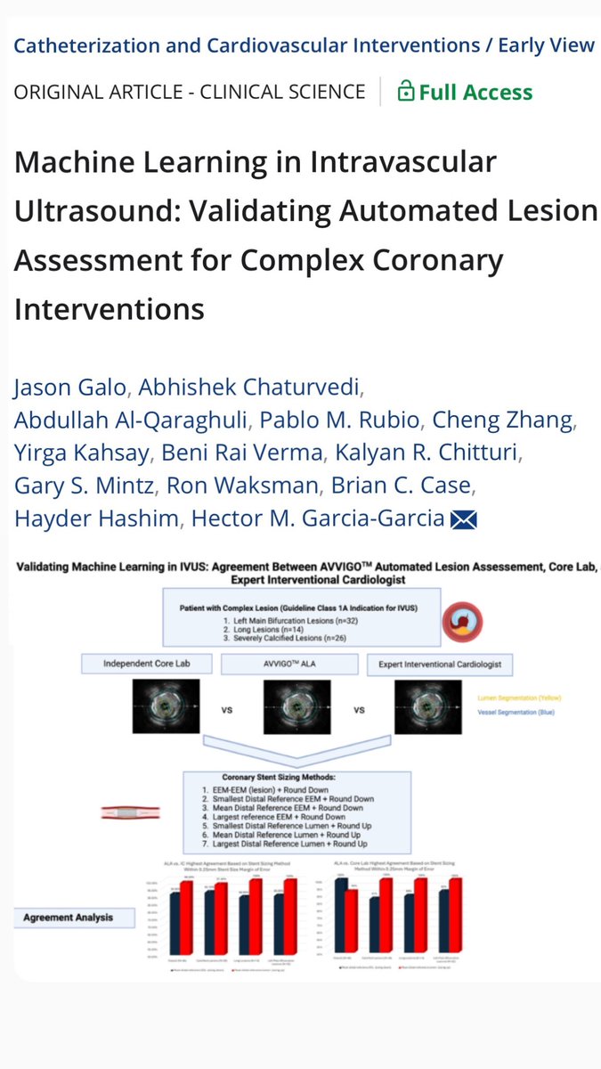 Abhishek Chaturvedi MD (@iamdoctorabhi) on Twitter photo Now out in <a href="/ccijournal/">CCIjournal</a>: ML-powered Automated Lesion Assessment (ALA) software during #IVUS shows high agreement with expert interventionalist & corelab for stent sizing!
Potential to boost operator efficiency & intravascular imaging adoption. Led by <a href="/jgalo92/">Jason Galo, MD</a> <a href="/hect2701/">Prof. Hector M. Garcia-Garcia</a> #CardioX Now out in <a href="/ccijournal/">CCIjournal</a>: ML-powered Automated Lesion Assessment (ALA) software during #IVUS shows high agreement with expert interventionalist & corelab for stent sizing!
Potential to boost operator efficiency & intravascular imaging adoption. Led by <a href="/jgalo92/">Jason Galo, MD</a> <a href="/hect2701/">Prof. Hector M. Garcia-Garcia</a> #CardioX