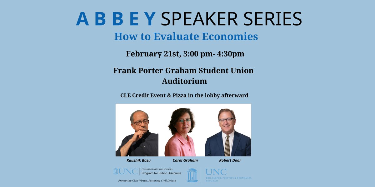 UNCPPD's tweet photo. Please join us at 3:00pm in the Carolina Union Auditorium for our Abbey Speaker Series event: How to Evaluate Economies

Unfortunately, Carol Graham from the Brookings Institute is down with the flu. The panel is still planning to discuss her research on welfare economics. https://t.co/nQLLmf9Vhp