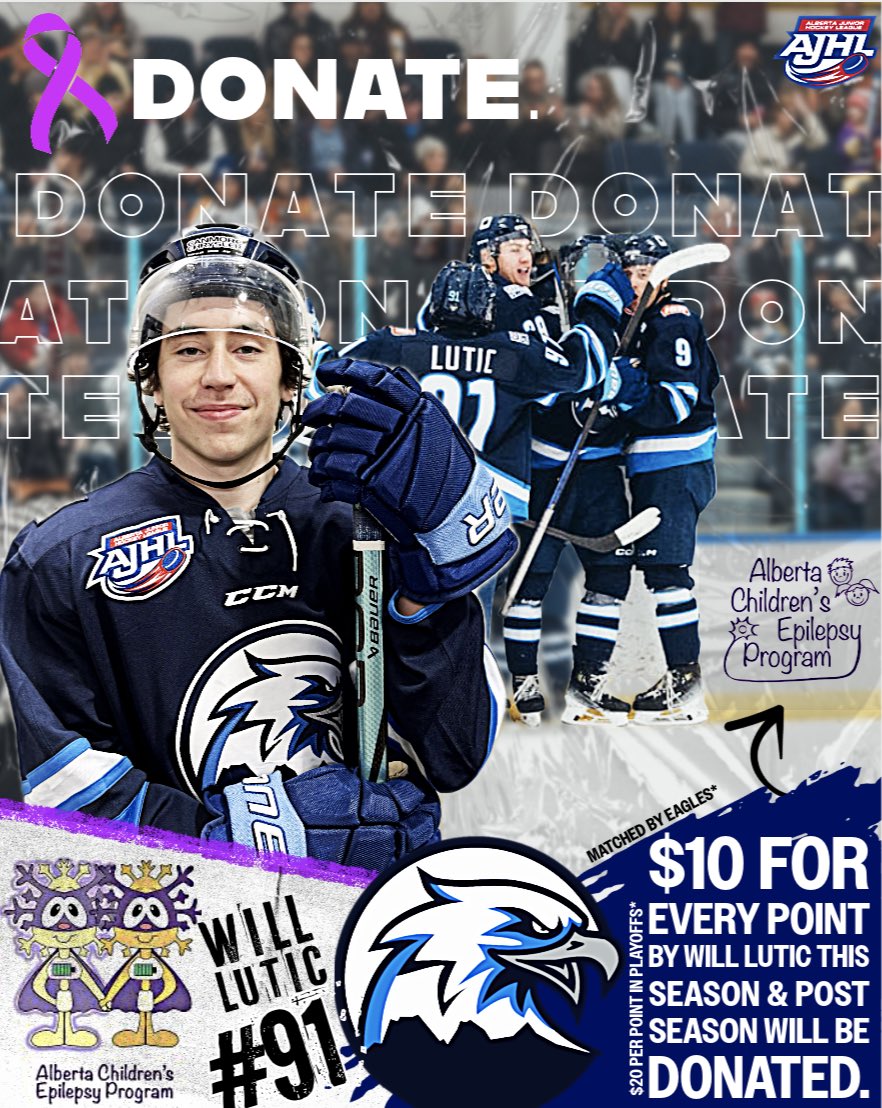 A NEW initiative that will include ALL Will Lutics points this season as he scores for a cause. Every time Will Lutic hits the scoresheet, he’s giving back in a BIG way! 💜 For every point, $10 will be donated to the Alberta Children’s Epilepsy Program. Playoffs DOUBLE!
<a href="/TheAJHL/">TheAJHL</a>