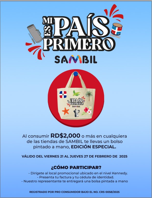 tusambildo's tweet image. ¡MI PAÍS ES PRIMERO!
Al consumir RD$2,000.00 o más en cualquiera de las tiendas de #Sambil te llevas un bolso pintado a mano, EDICIÓN ESPECIAL.

Válido del viernes 21 al jueves 27 de febrero 2025.

¿CÓMO PARTICIPAR?
- Dirígete al local promocional ubicado en el nivel Kennedy.
-…