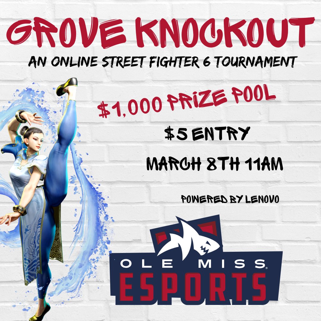 Hit the streets, online. Ole Miss Esports presents:
Grove Knockout Powered by Lenovo.
March 8th, hop online and battle it out for a $1,000 dollar prize pool!

hyperluxe.gg/tournaments/79…