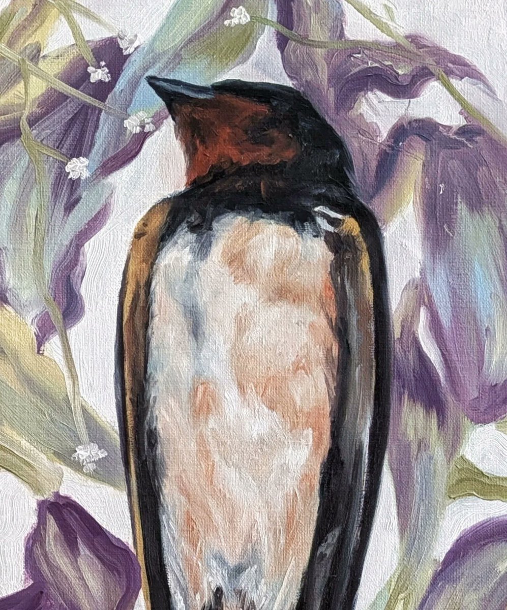 "Golondrina muerta sobre cama de pétalos secos", óleo sobre lienzo, 64x53cm.