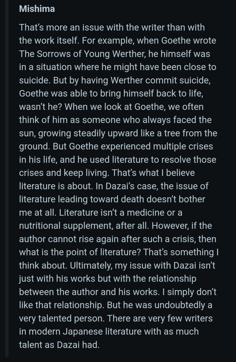 0xpratyush's tweet photo. As much as I love Dazai's self portraits (he's literally me), I think about this quote from Mishima a lot. https://t.co/cPEHDhv8rn