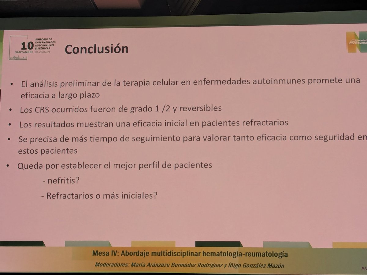 Super esclarecedora charla de la Dra Cortés en  #simposioEAS25  de <a href="/SEReumatologia/">Soc.Esp.Reumatología</a> sobre Car-T en #EAS. Dejo aquí sus conclusiones!