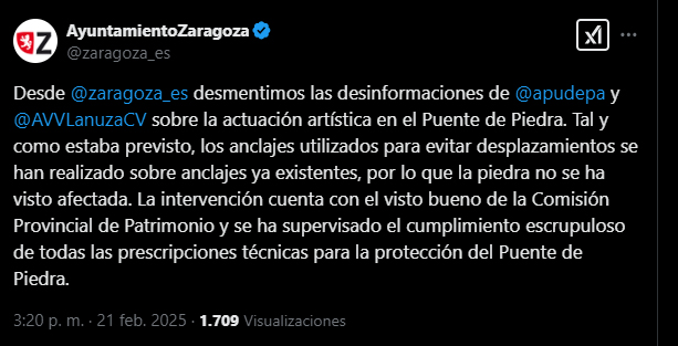 El <a href="/zaragoza_es/">AyuntamientoZaragoza</a> destruye el Patrimonio Urbanístico de la ciudad.

Con una copia del informe favorable de actuación por parte de Patrimonio del <a href="/GobAragon/">Gobierno de Aragón</a> sería fácil desmentirnos, no?...
x.com/zaragoza_es/st…

cascohistorico.es/2025/02/21/el-…