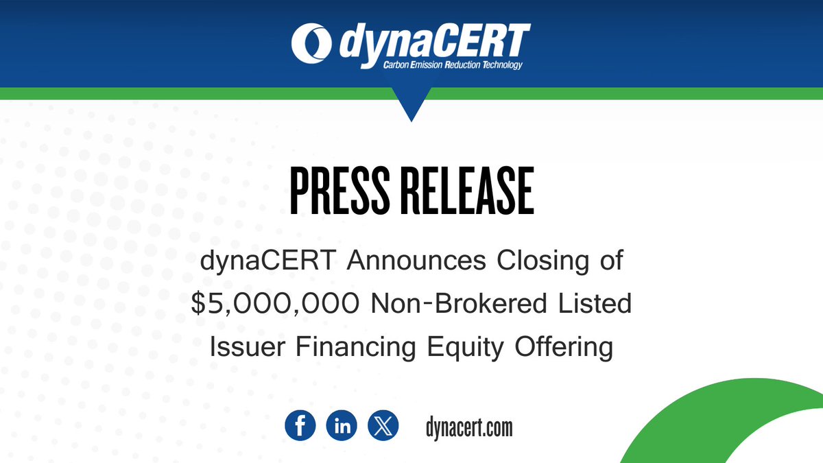 #NewsRelease! 👇

dynaCERT Announces Closing of $5,000,000 Non-Brokered Listed Issuer Financing Equity Offering

Read the full details here: bit.ly/41dmJNE

$DYA $DYFSF