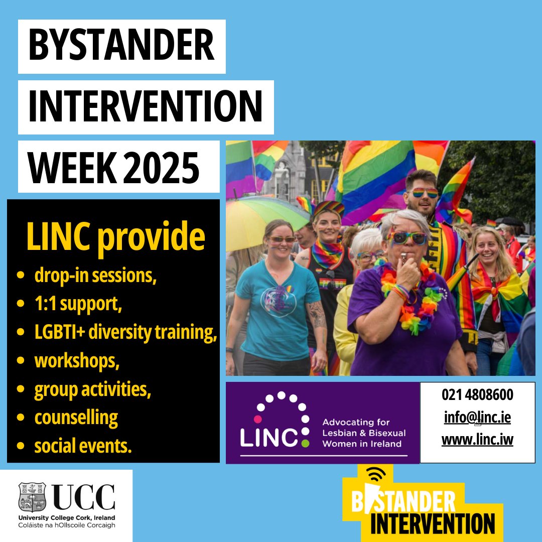 One of our many community partners to join us on campus next Weds 26th from 12-2pm at our Info Stand will be <a href="/LINCwomen/">LINC</a>, who aim to improve the quality of life, health &amp; well-being of LBQ women (trans &amp; non-binary inclusive)
#bystanderinterventionweek #bystander #ucc