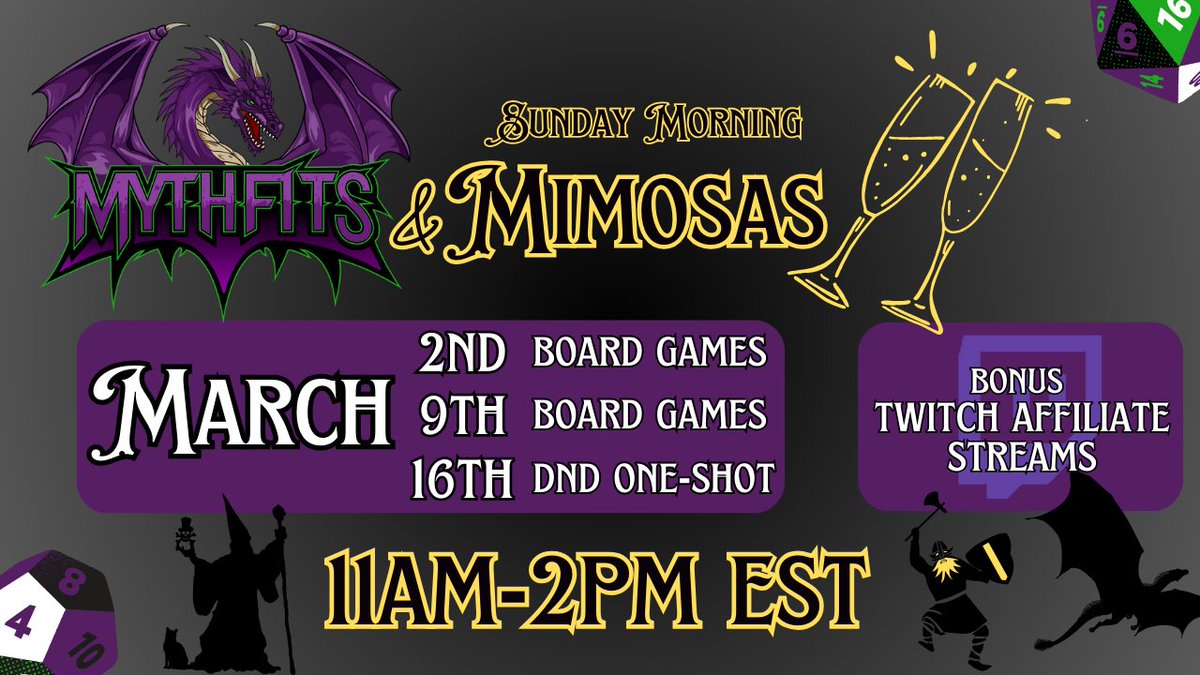 🥂MythFits &amp; Mimosas: Bonus Sunday Streams!🥂

We’re celebrating a major milestone, we’ve hit the numbers for #TwitchAffiliate! 🎉

THANK YOU ALL so much for the support!

#dnd #twitch #dndstreams #dnd2024 #homebrew #TTRPG #dungeonsanddragons #actualplayrpg #dnd2024 #tabletop