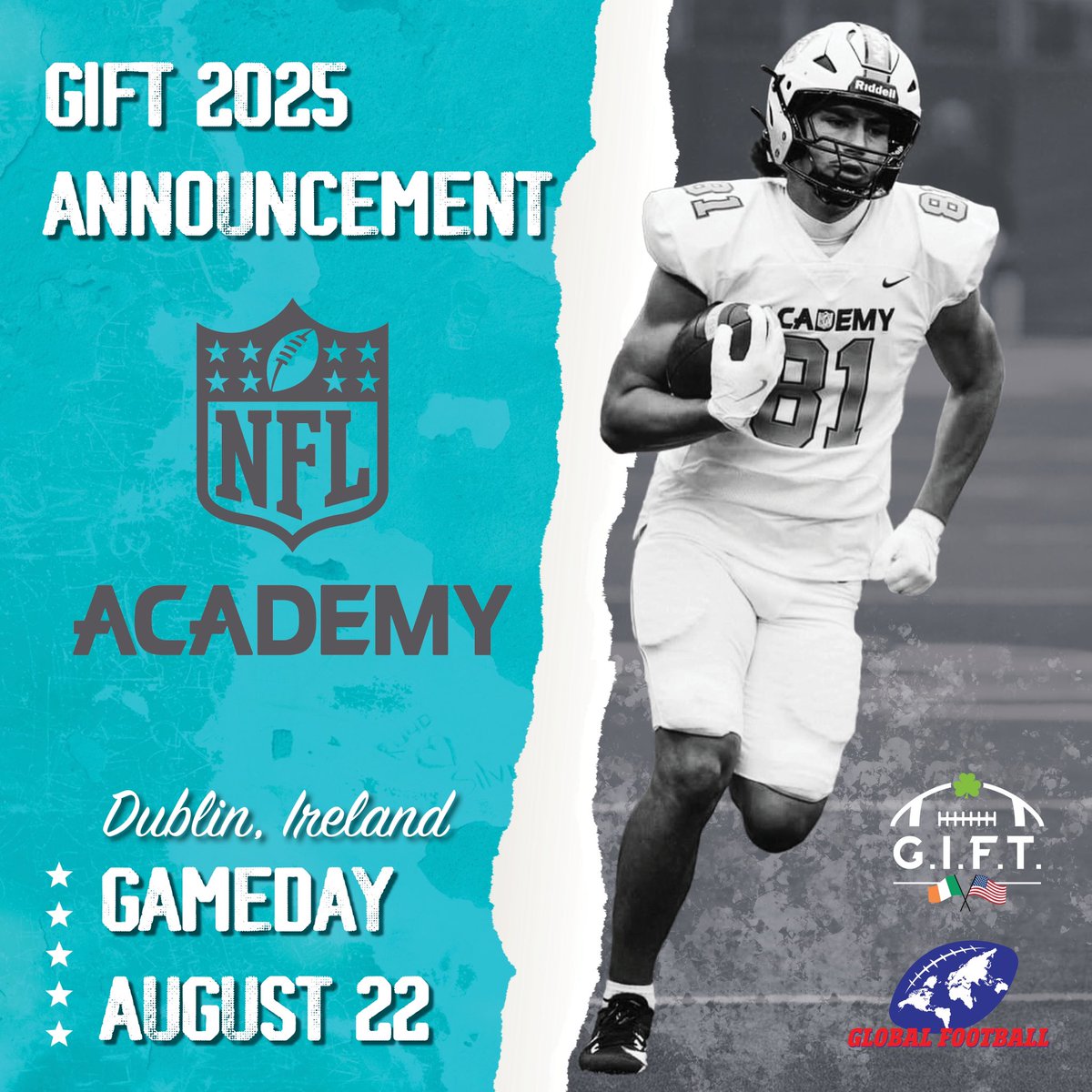 Global Football is proud to share that the NFL Academy UK is returning to GIFT! 

This August, the elite football program will travel from the UK to the heart of Ireland where they will compete against another GIFT team.

Join us in welcoming this unique roster of young men!