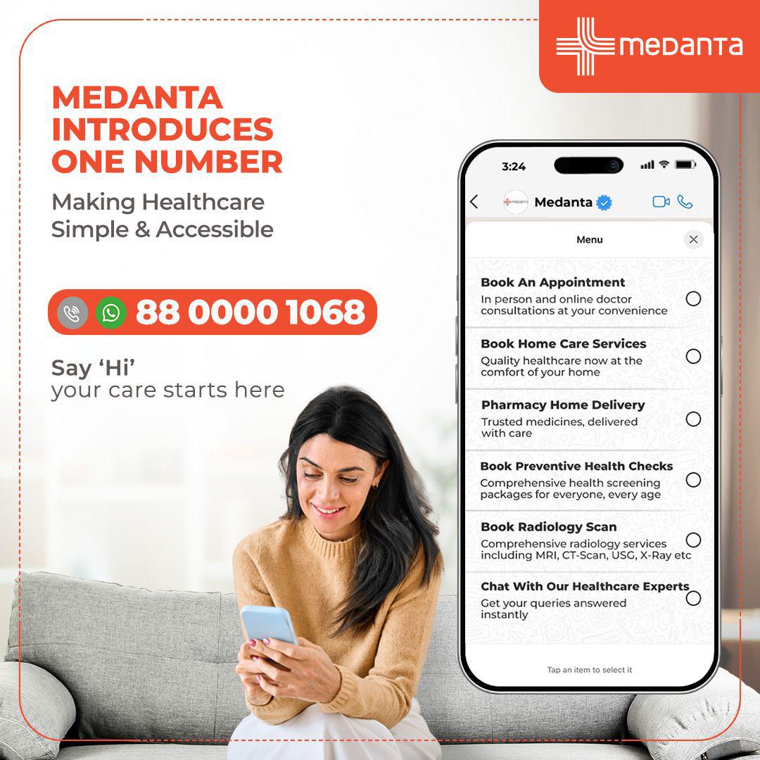medanta's tweet image. Medanta introduces one number for all your healthcare needs.  

WhatsApp or Call us at 88 0000 1068 to access a range of services.   

#Medanta #HealthcareSimplified #OneNumber #HealthAtYourFingertips