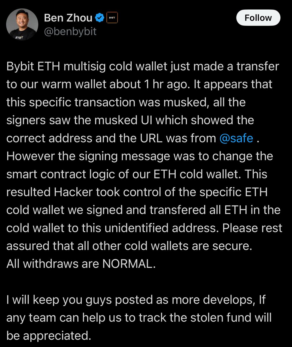🚨 BREAKING: Bybit confirms its $ETH cold wallet was compromised due to a UI spoofing attack. 

Hackers altered the smart contract logic, gaining control and drained $1B+ of funds.