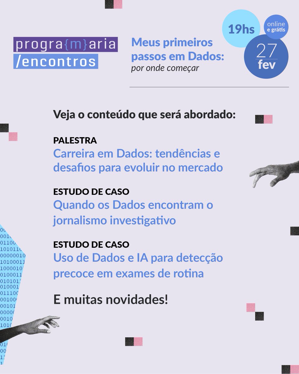 programaria's tweet image. [EVENTO GRATUITO DE DADOS] Já conferiu a agenda do #PrograMariaEncontros?   

Além dos conteúdos incríveis, faremos o anúncio de uma oportunidade especial para quem quer dar esse primeiro passo!

👉🏽Inscreva-se gratuitamente: bit.ly/Encontros-Dados

#bolhatech #dados