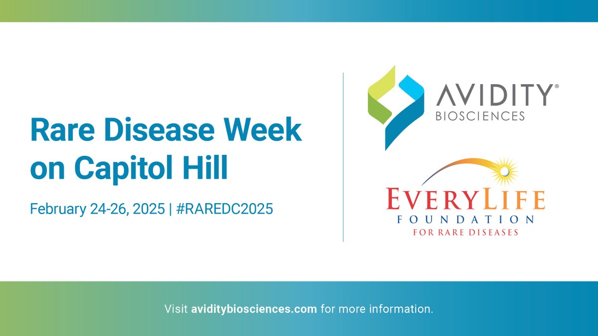 Avidity Biosciences, Inc. (@aviditybio) on Twitter photo We are proud to support <a href="/EveryLifeOrg/">EveryLife Foundation</a>’s #RareDiseaseWeek on Capitol Hill, taking place February 24-26. This event brings together #raredisease advocates from across the country to make their voices heard by members of Congress. Learn more: everylifefoundation.org/rare-advocates… #RAREDC2025 We are proud to support <a href="/EveryLifeOrg/">EveryLife Foundation</a>’s #RareDiseaseWeek on Capitol Hill, taking place February 24-26. This event brings together #raredisease advocates from across the country to make their voices heard by members of Congress. Learn more: everylifefoundation.org/rare-advocates… #RAREDC2025