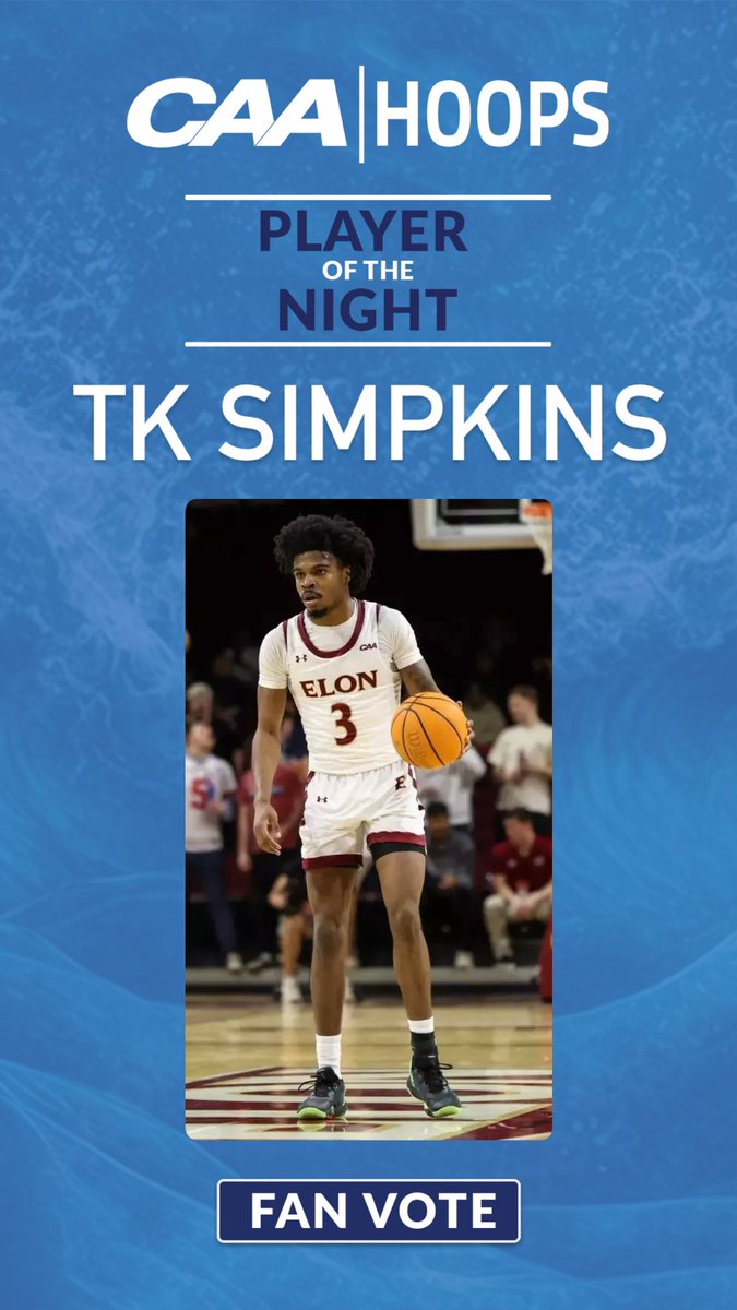 CAA Basketball (@caabasketball) on Twitter photo After <a href="/ElonMBasketball/">Elon Men's Basketball</a> knocked off CAA leader Towson last night the #CAAHoops fans voted TK Simpkins Player of the Night After <a href="/ElonMBasketball/">Elon Men's Basketball</a> knocked off CAA leader Towson last night the #CAAHoops fans voted TK Simpkins Player of the Night