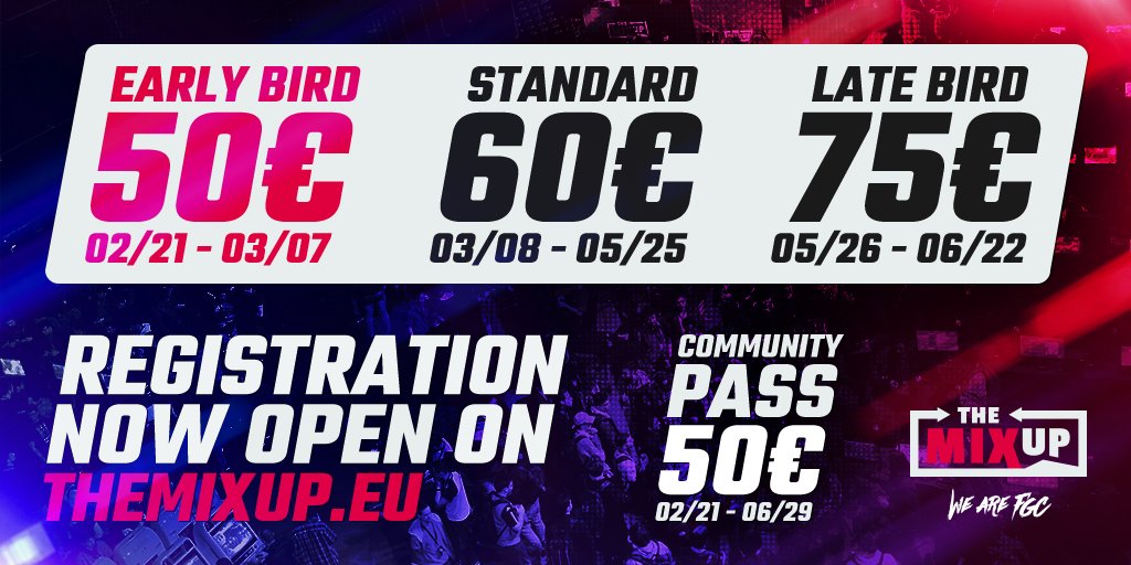 The MIXUP : REGISTRATIONS OPEN !!! (@themixuplyon) on Twitter photo 3, 2, 1, Let's Jam!
Registration for #TheMIXUP2025 is officially open.
Competitors will be entitled to two different passes this year.
Regular competitor pass: this allows you to register for any tournament.
Community pass: This pass is offered at a reduced price that will 3, 2, 1, Let's Jam!
Registration for #TheMIXUP2025 is officially open.
Competitors will be entitled to two different passes this year.
Regular competitor pass: this allows you to register for any tournament.
Community pass: This pass is offered at a reduced price that will
