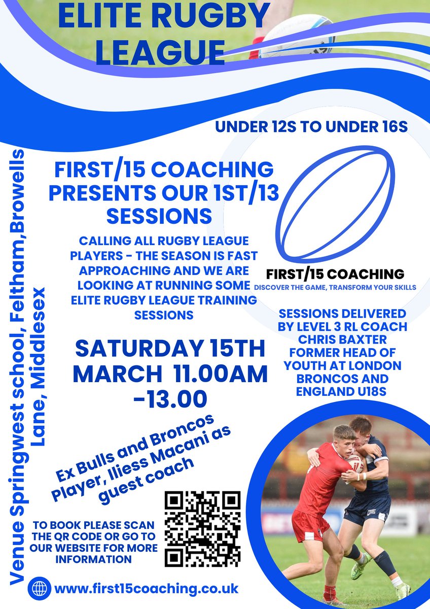 Calling all <a href="/londonpjl/">London RL Primary and Junior League</a> players and espiring rugby players! we will be running our First/13 Rugby League session at Feltham School! We have <a href="/CBaxtercoaching/">Chris Baxter</a> and ex <a href="/LondonBroncosRL/">London Broncos</a> <a href="/Iliessmacani/">Iliess Macani</a> confirmed so far! For more information about booking go to first15coaching.co.uk