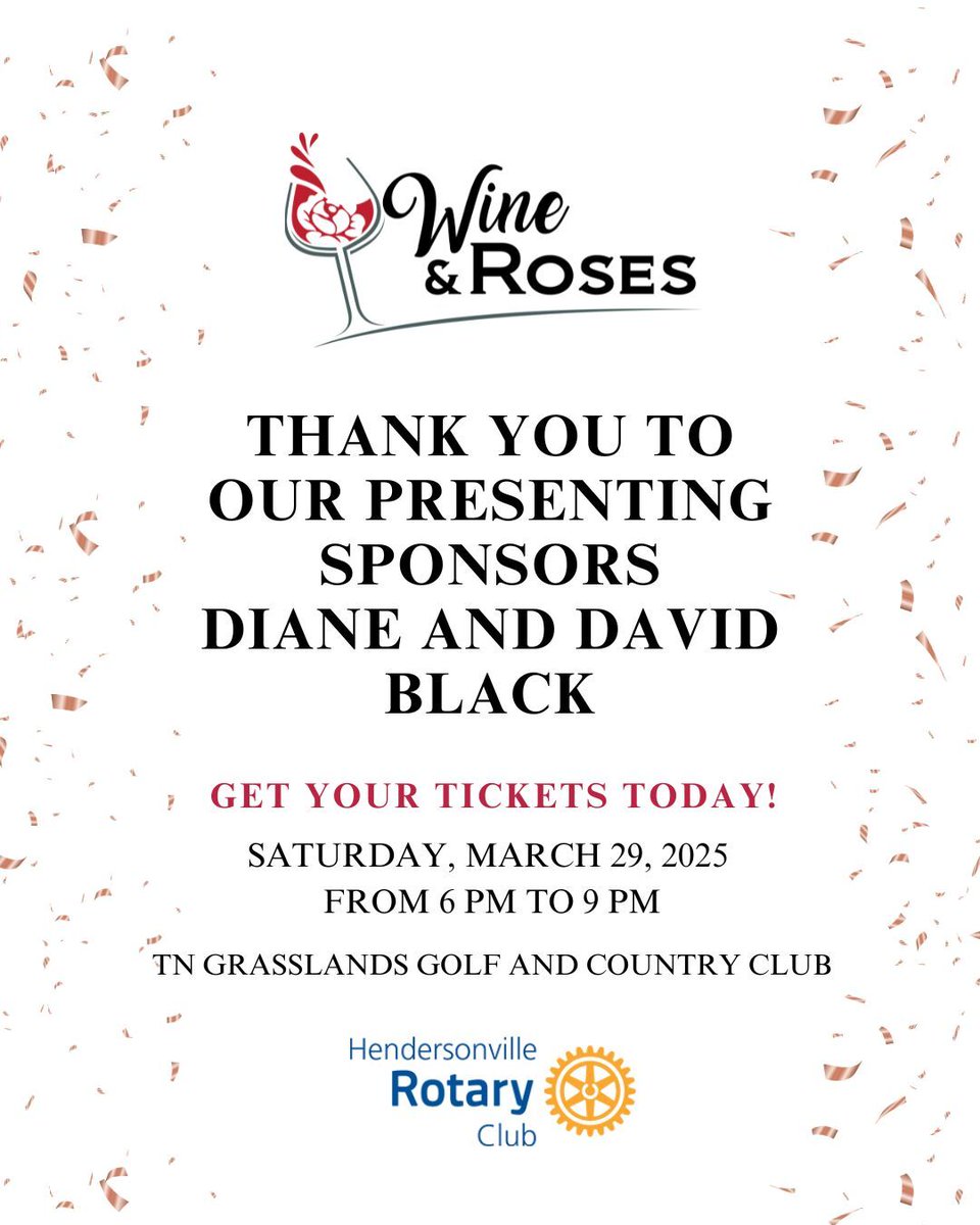 RotaryClubTN's tweet image. 🌟 Thank You, Diane &amp;amp; David Black! 🌟

Grateful for your support as presenting sponsors for Wine &amp;amp; Roses! Join us March 29, 6–9 PM at TN Grasslands Golf &amp;amp; CC.

🎟️ Tickets available now💙 Visit our website for tickets!

#WineAndRoses #ServiceAboveSelf #HendersonvilleRotary