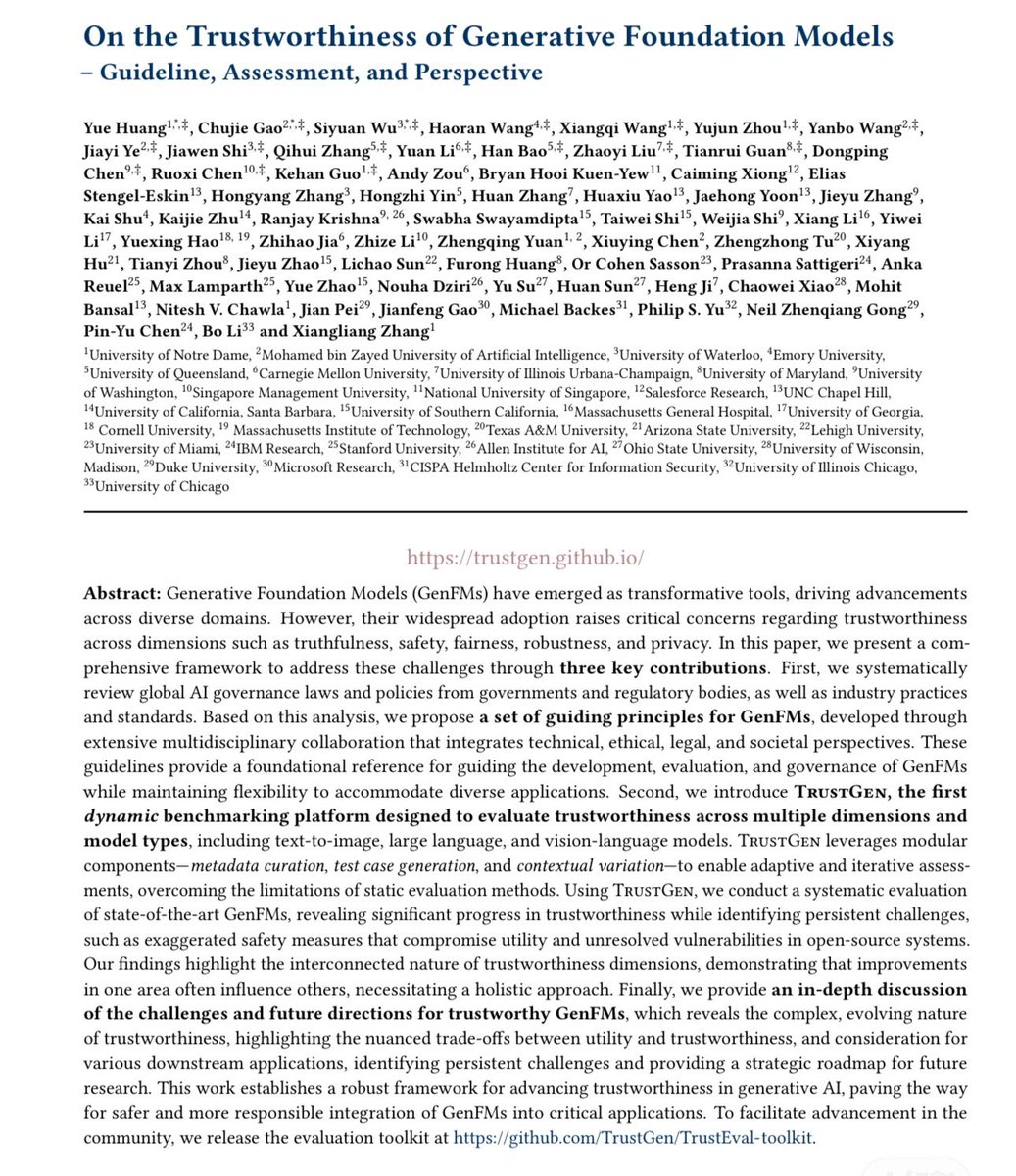 Toward Trustworthy Generative Foundation Models (GenFMs) 🚀

🎇After six months of hard work and thanks to the efforts of the entire team, our report on the trustworthiness of generative foundation models (GenFMs) has finally been released.

💡In this work, we:
-Developed a
