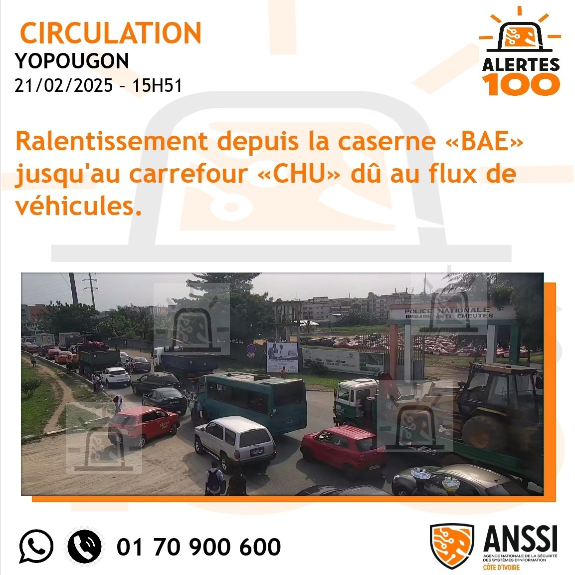 #alertes100_circulation 

YOUPOUGON 

Ralentissement depuis la caserne «BAE» jusqu'au carrefour «CHU» dû aux flux de véhicules.