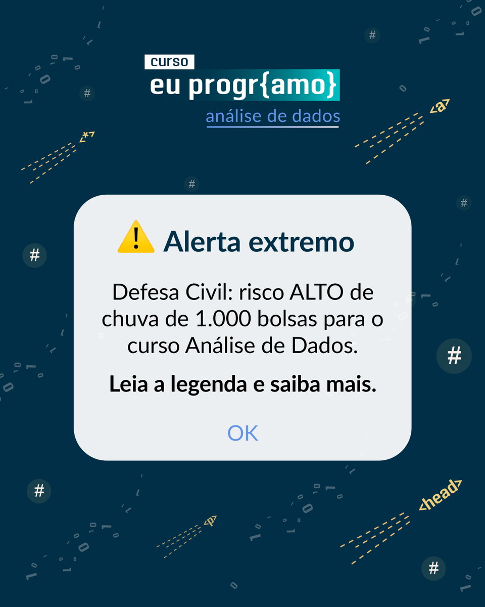 programaria's tweet image. ⚠️Vocês receberam esse alerta?

No dia 27/2, tem o #PrograMariaEncontros: Meus Primeiros Passos em Dados! Evento online, gratuito e cheio de conteúdo para quem quer começar na área.

Durante o evento, vamos abrir 1.000 bolsas de estudo!

Fique por dentro: bit.ly/Encontros-Dados