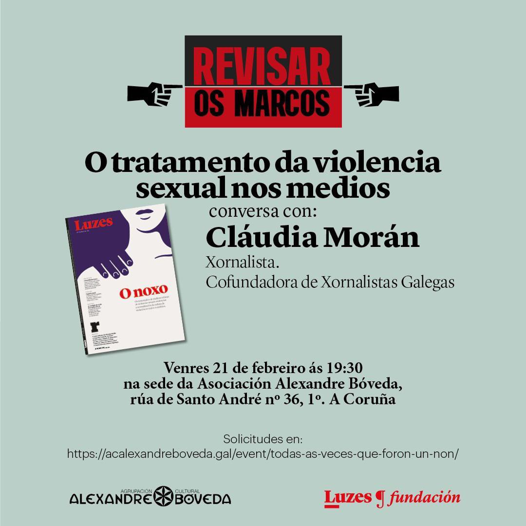 Hoxe ás 19:30 coa <a href="/FundacionLuzes/">Fundación Luzes</a>📢O tratamento da violencia sexual nos medios.
Como poden os medios de comunicación contribuir a que a  vergoña mude de bando?

Con <a href="/claudiamoran90/">Cláudia Morán Mato🍉</a>, xornalista, cofundadora de Xornalistas Galegas.
Estades convidadas!