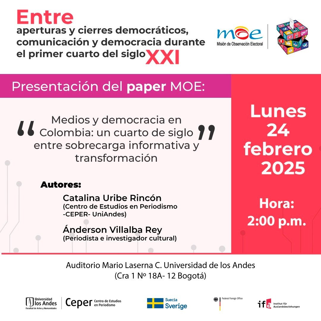📢 ¿Cómo han cambiado los medios y la información en Colombia en los últimos 25 años?

Acompáñenos en la presentación del paper 'Medios y democracia en Colombia: un cuarto de siglo entre sobrecarga informativa y transformación'

📍Auditorio ML-C <a href="/Uniandes/">Uniandes</a> 
📅24 febrero
🕑2:00 pm