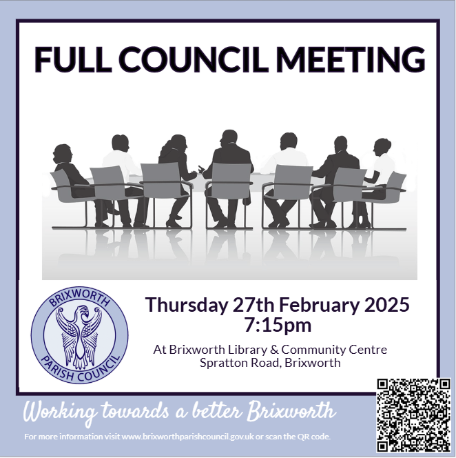 Our next Full Council Meeting takes place on Thursday 27th of February 2025. The meeting starts at 7:15pm.

For the agenda, please visit: 
brixworthparishcouncil.gov.uk/full-council-m…