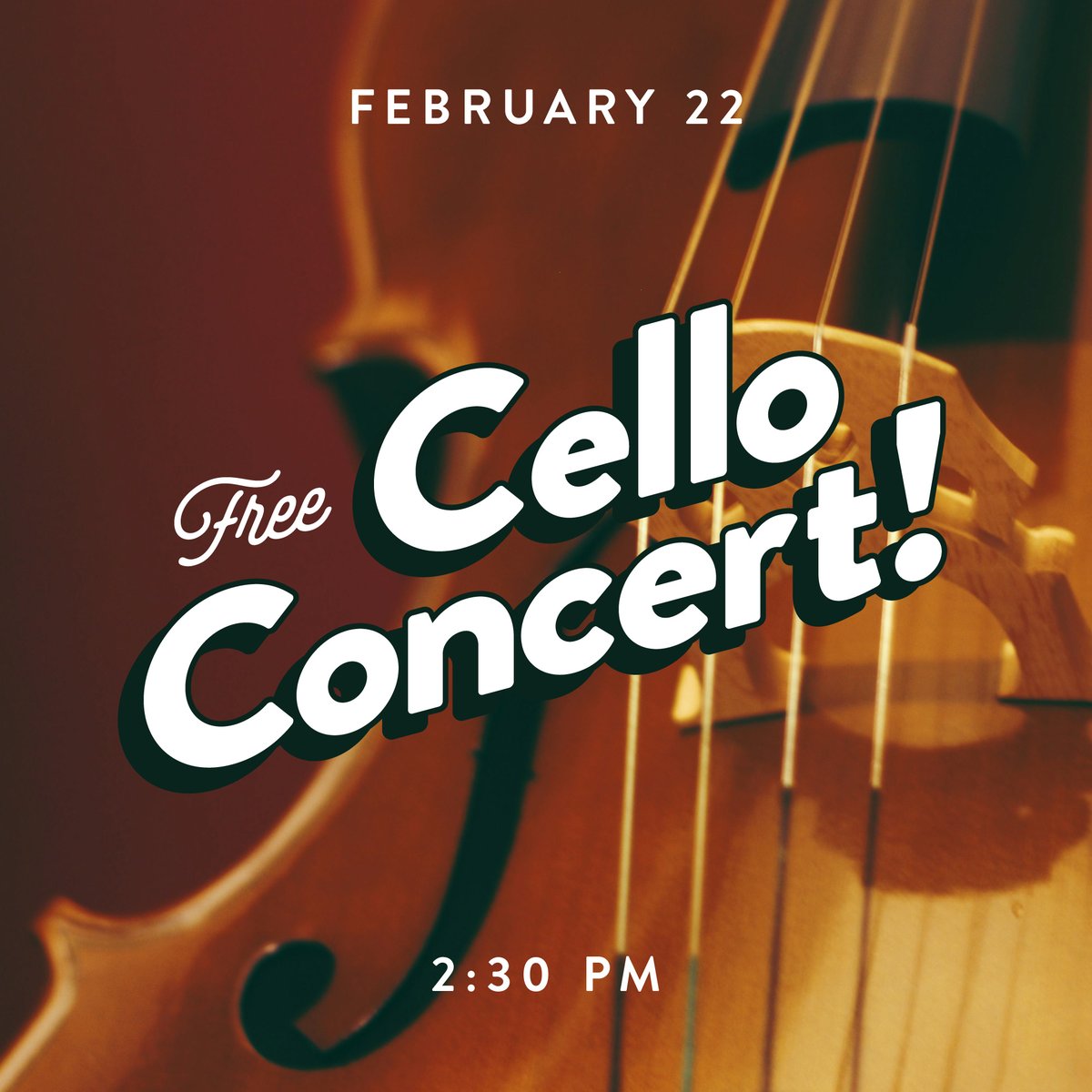 Omaha Conservatory of Music (@omaconservatory) on Twitter photo THIS WEEKEND!
Catch a free cello performance featuring Omaha Conservatory of Music teachers and students. This will be an exciting show β you won't want to miss!
π
 Date: Saturday, February 22β 
π Time: 2:30 p.m.β 
π Location: Omaha Conservatory of Musicβ  THIS WEEKEND!
Catch a free cello performance featuring Omaha Conservatory of Music teachers and students. This will be an exciting show β you won't want to miss!
π
 Date: Saturday, February 22β 
π Time: 2:30 p.m.β 
π Location: Omaha Conservatory of Musicβ
